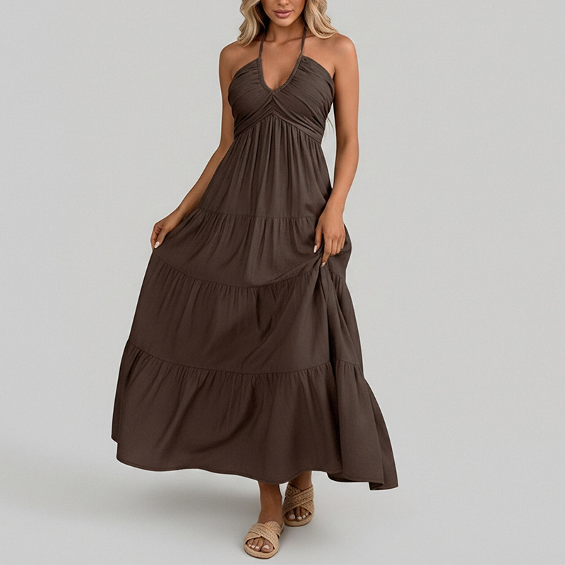 French-Style Elegant Solid Halter Neck Long Dress