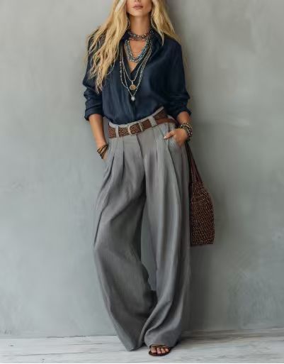 Women's Cotton-Linen Long-Sleeve Casual Pants Set with Shirt, Color-Block, No Belt