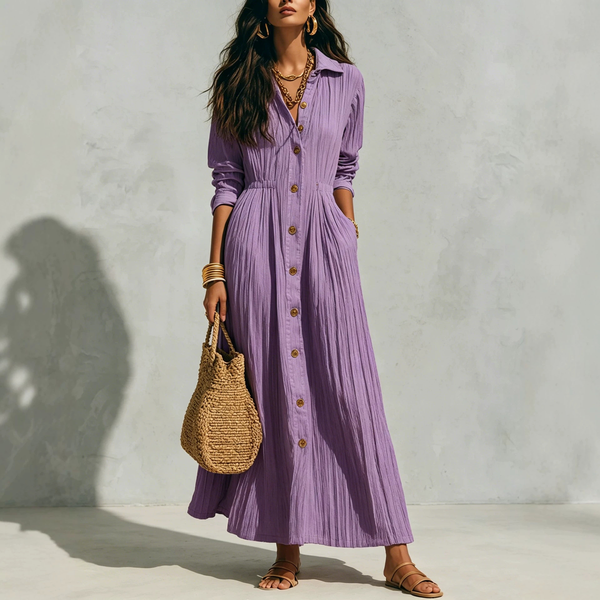 White Long Sleeve Shirt Dress with Waist and Loose Fit