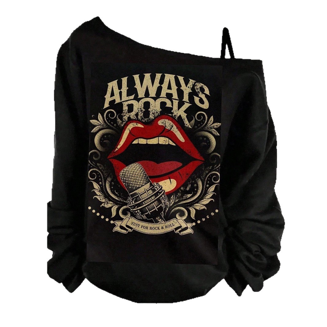 Women's One-Shoulder Long-Sleeve Loose Vintage Sweatshirt with Graphic Print