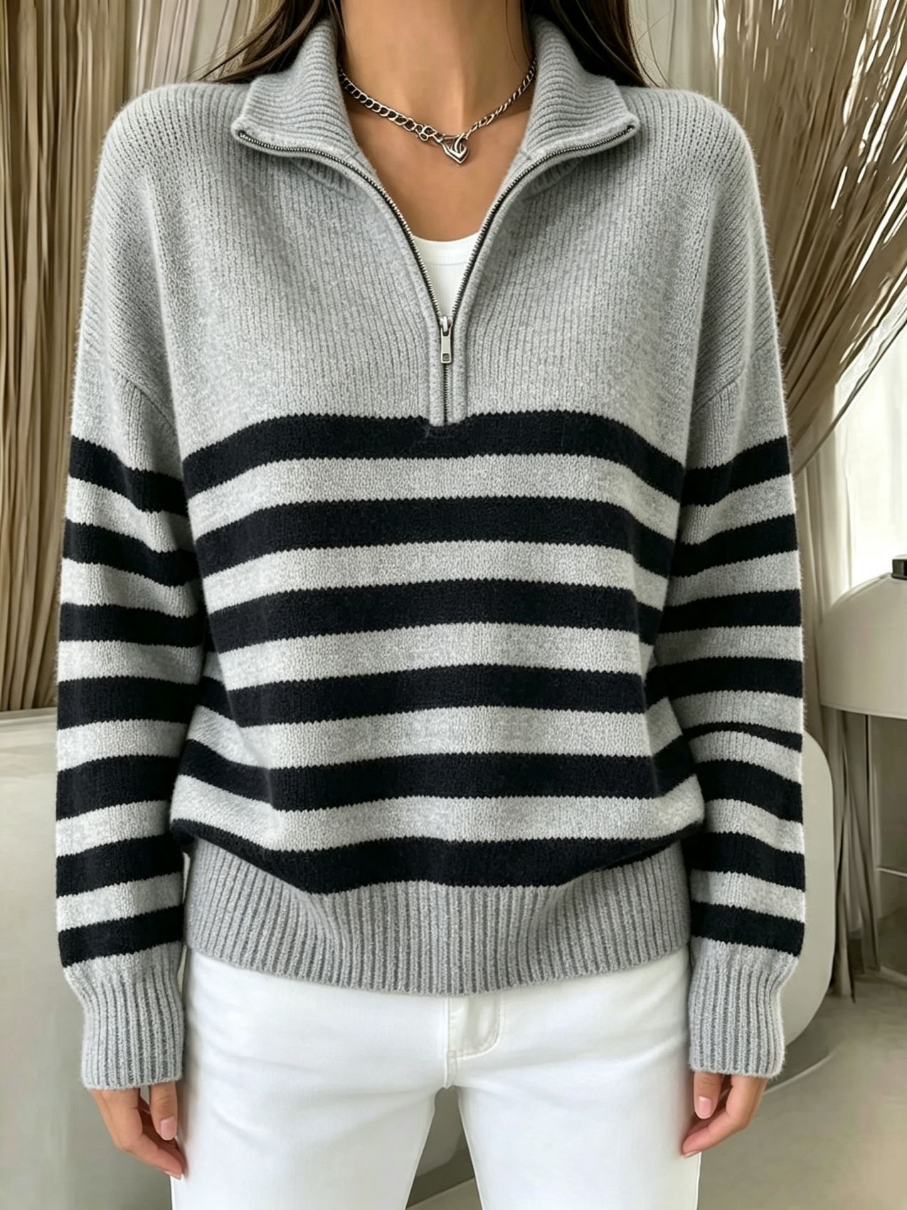 Striped Color-Block Half-Zip Sweater