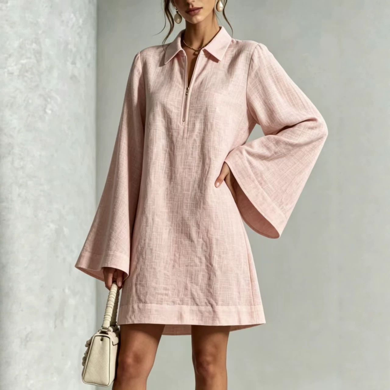 Solid Color Half-Zip Collared Loose Long-Sleeve Casual Dress