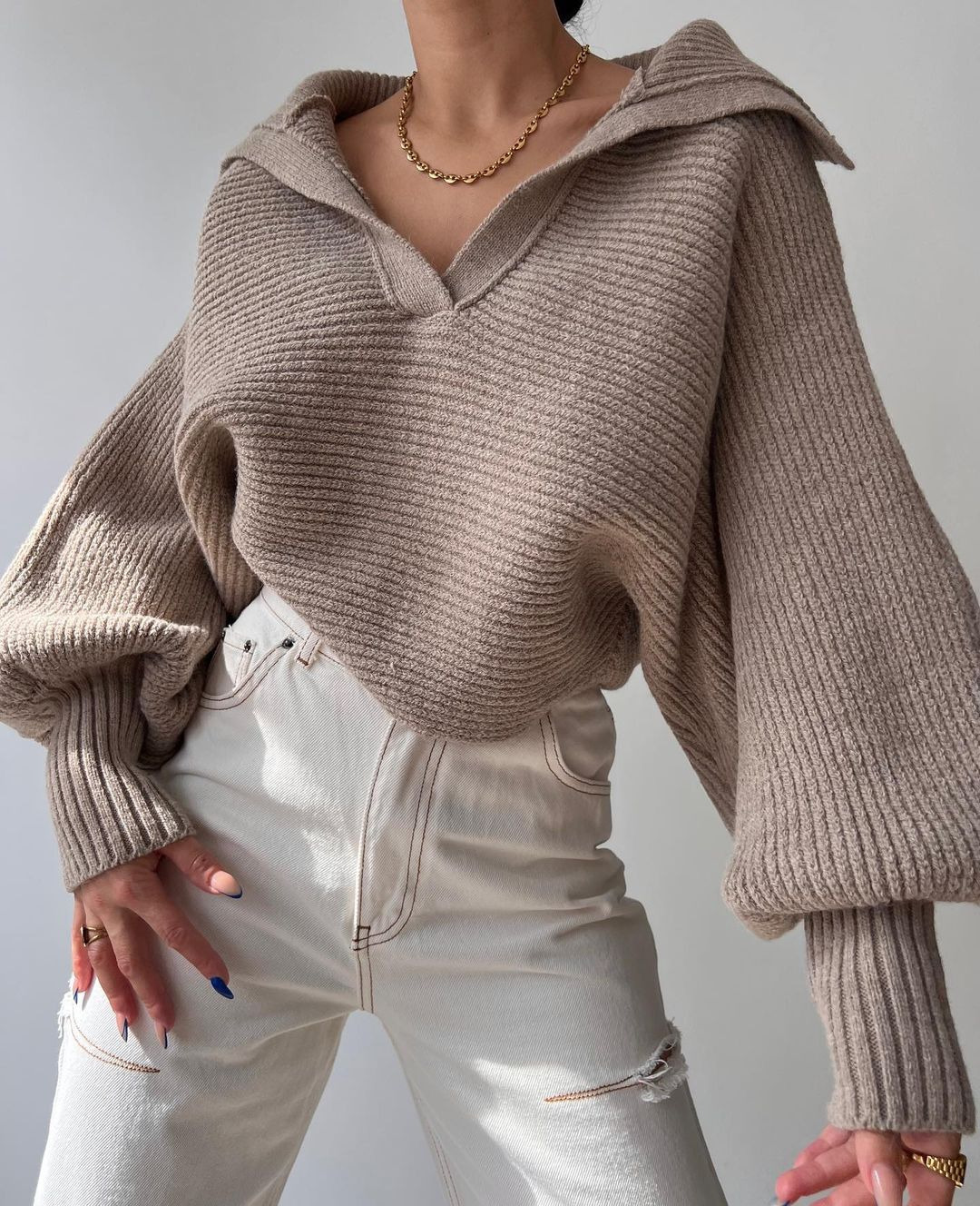 Women's Loose Lantern Sleeve Open Collar Pullover Cropped Sweater