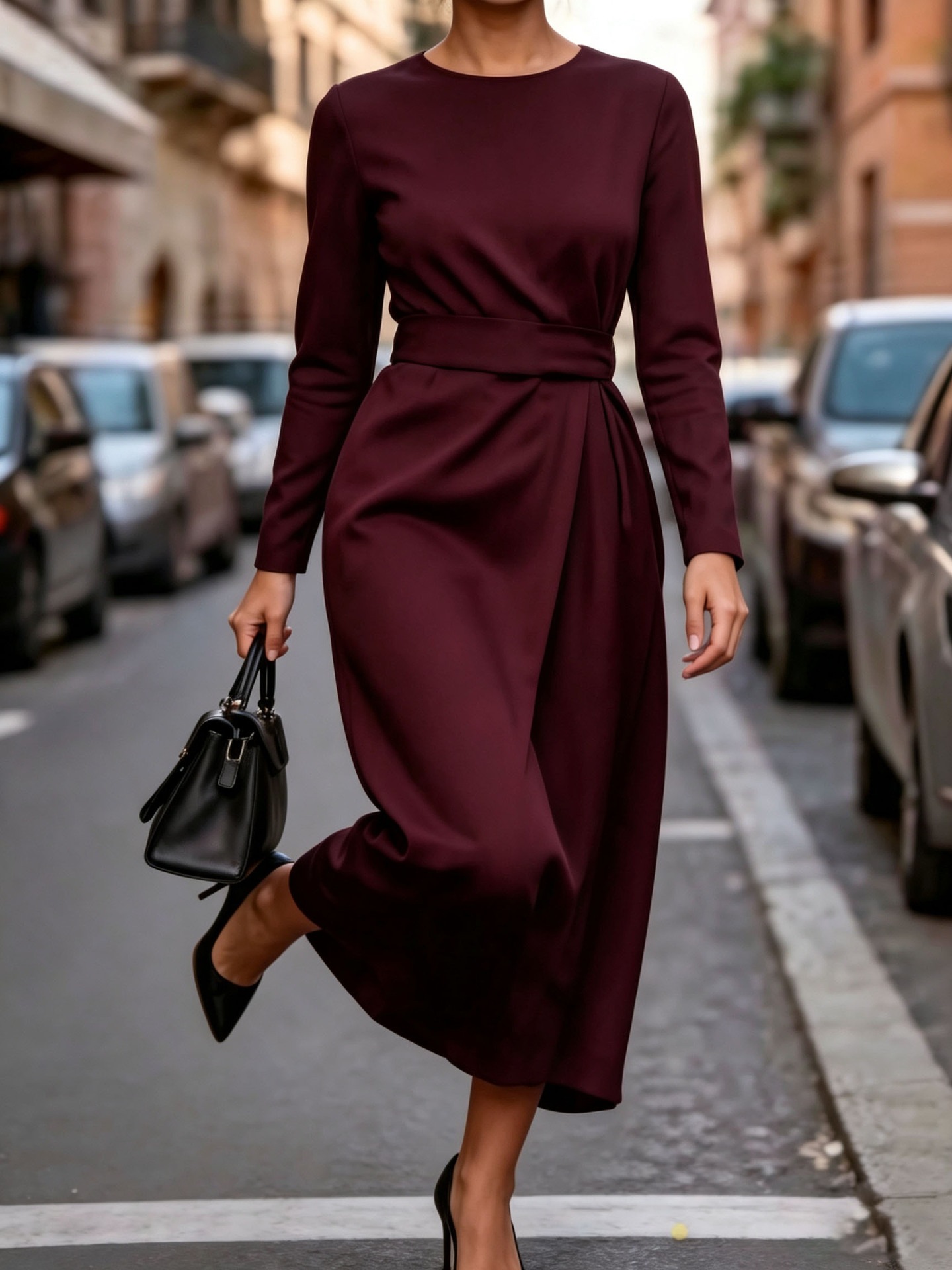 Women's Elegant Solid Long Sleeve Waist-Cinched French Dress