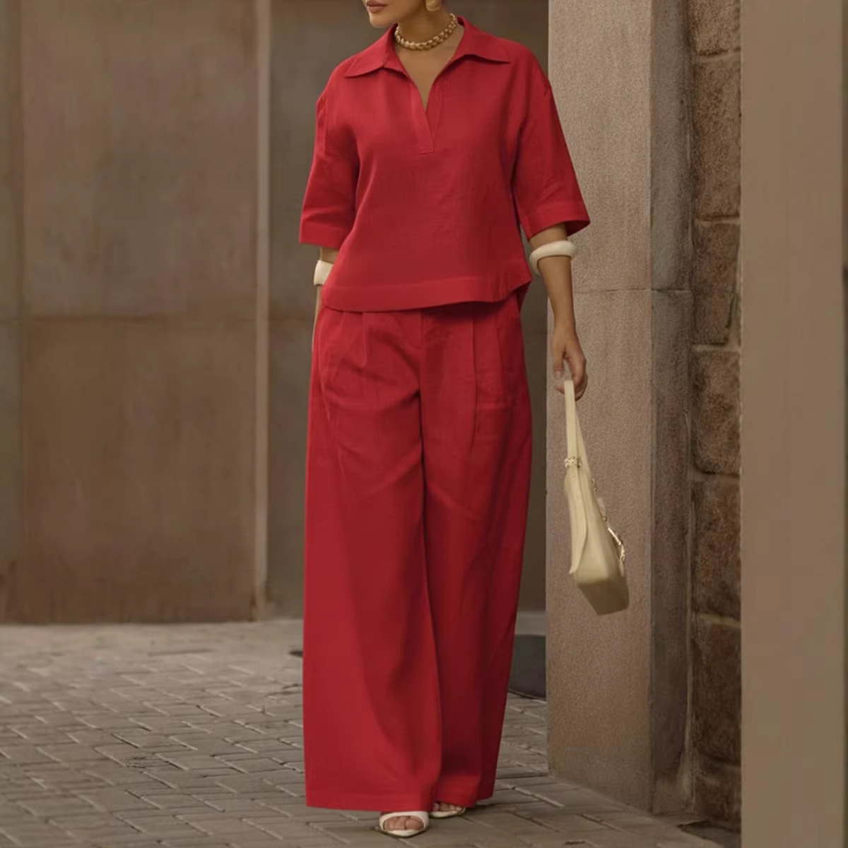 Women's Solid Color Two-Piece Set with Wide-Leg Pants