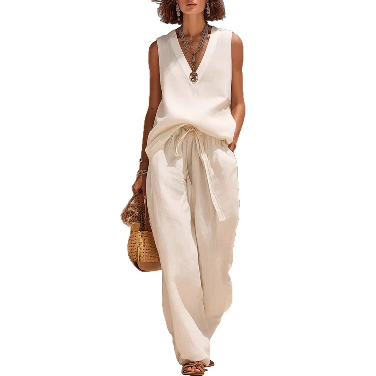 Women's Cotton-Linen Sleeveless V-Neck Two-Piece Set Casual Summer Outfit