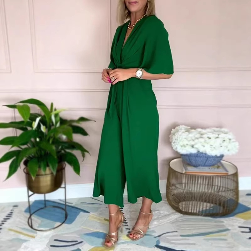 Women's Solid V-Neck Tie Short Sleeve Jumpsuit