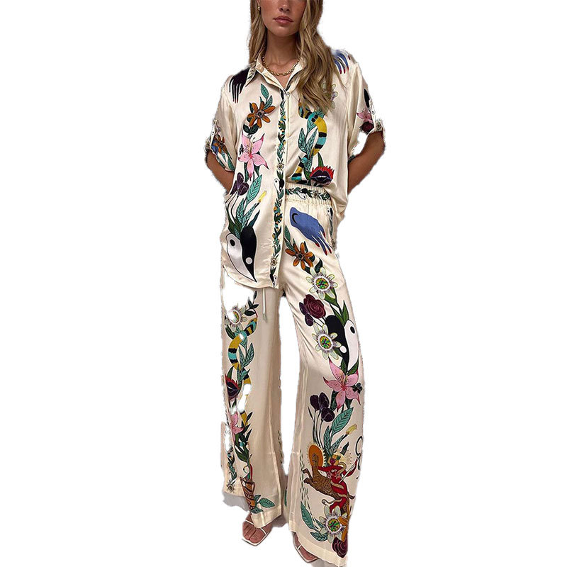 Women's Printed Collared Button-Front Shirt and Pants Casual Set