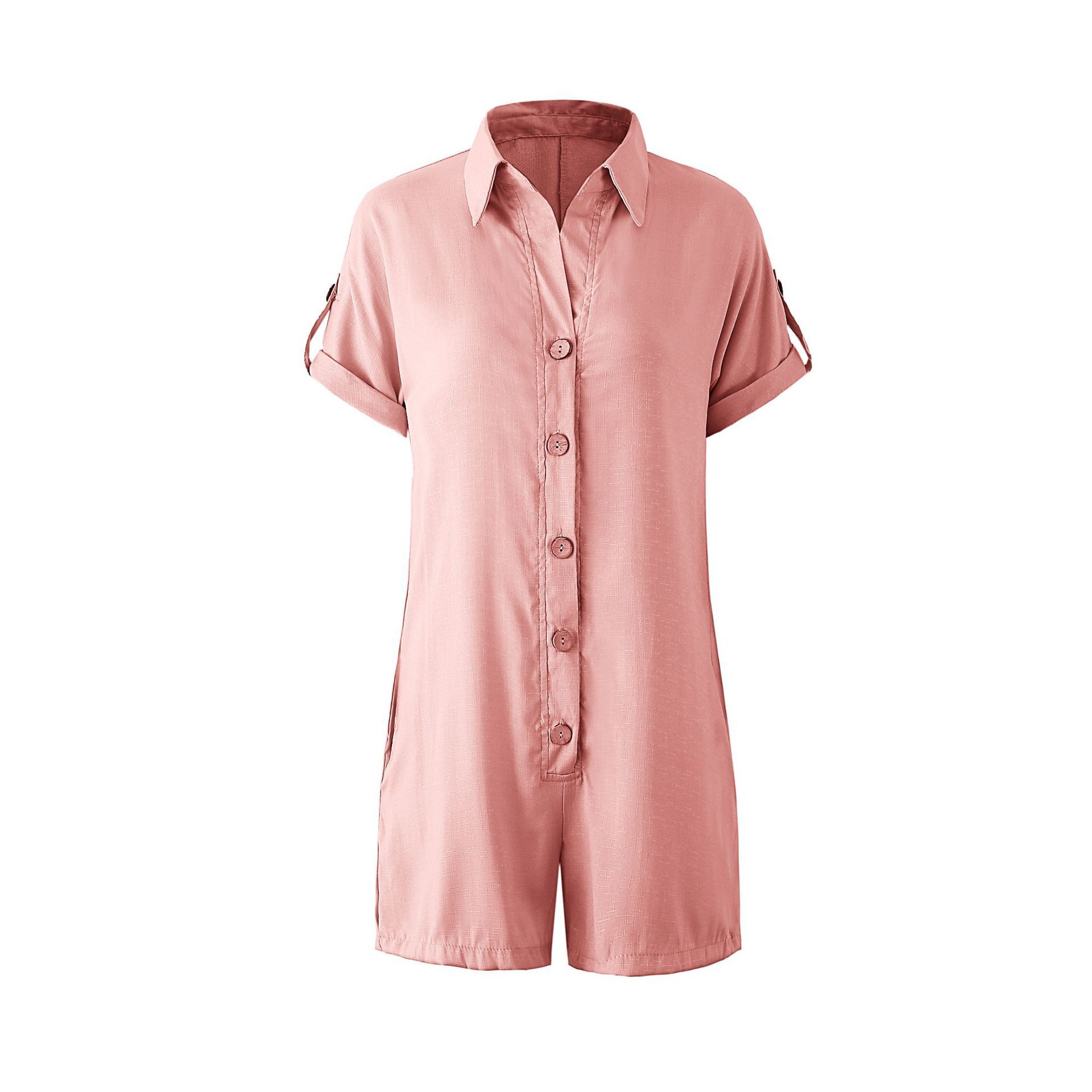 Women's Collared Button Pocket Short Sleeve Romper Shorts