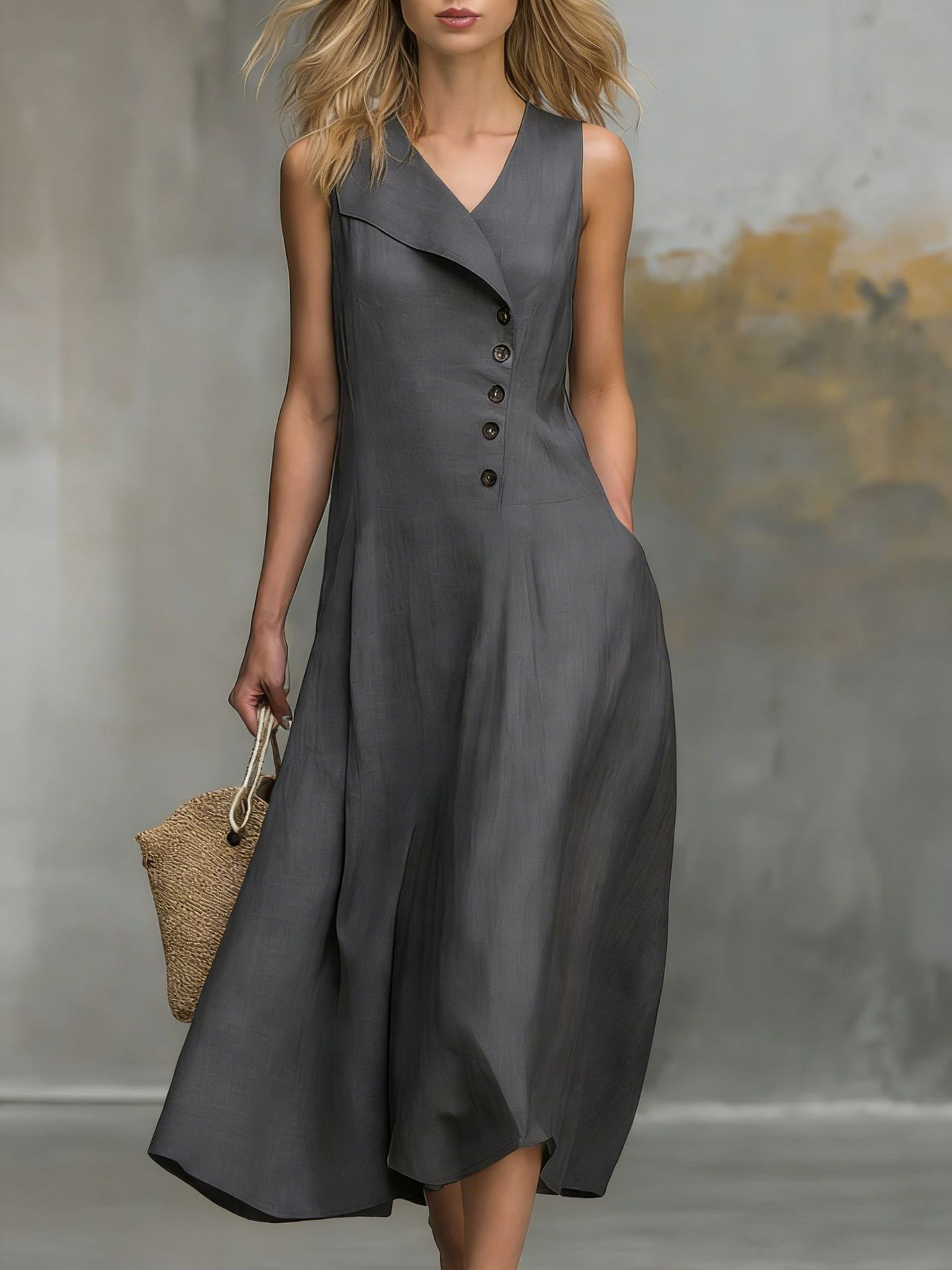Women's Sleeveless Button-Front Collared Dress Solid Color Cinched Waist