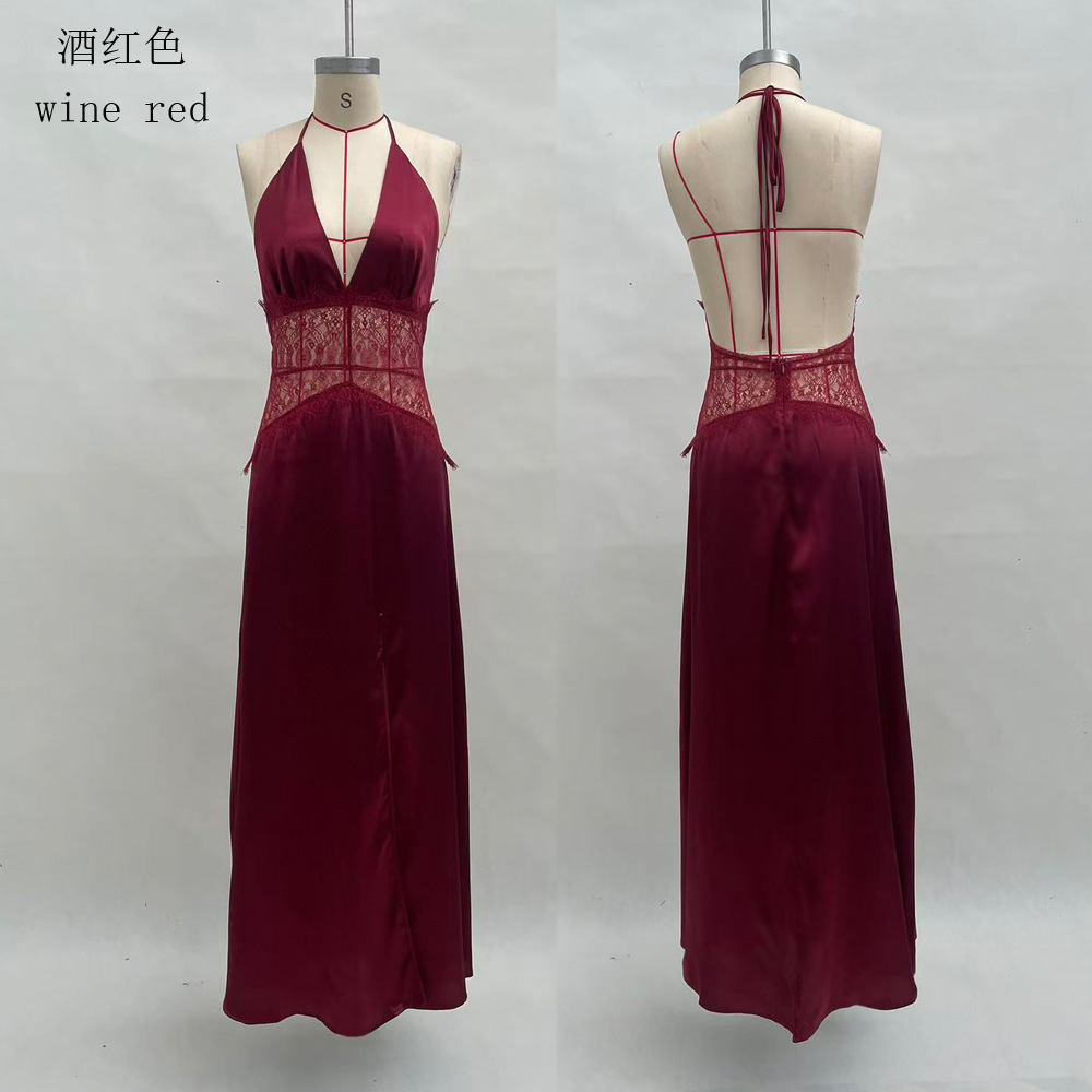Women's Deep V Lace Sheer Backless Long Dress