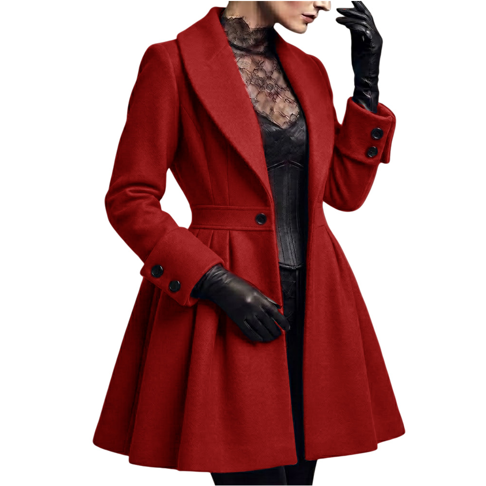 Women's Long Wool-Blend Pleated Coat Dress with One-Button Closure