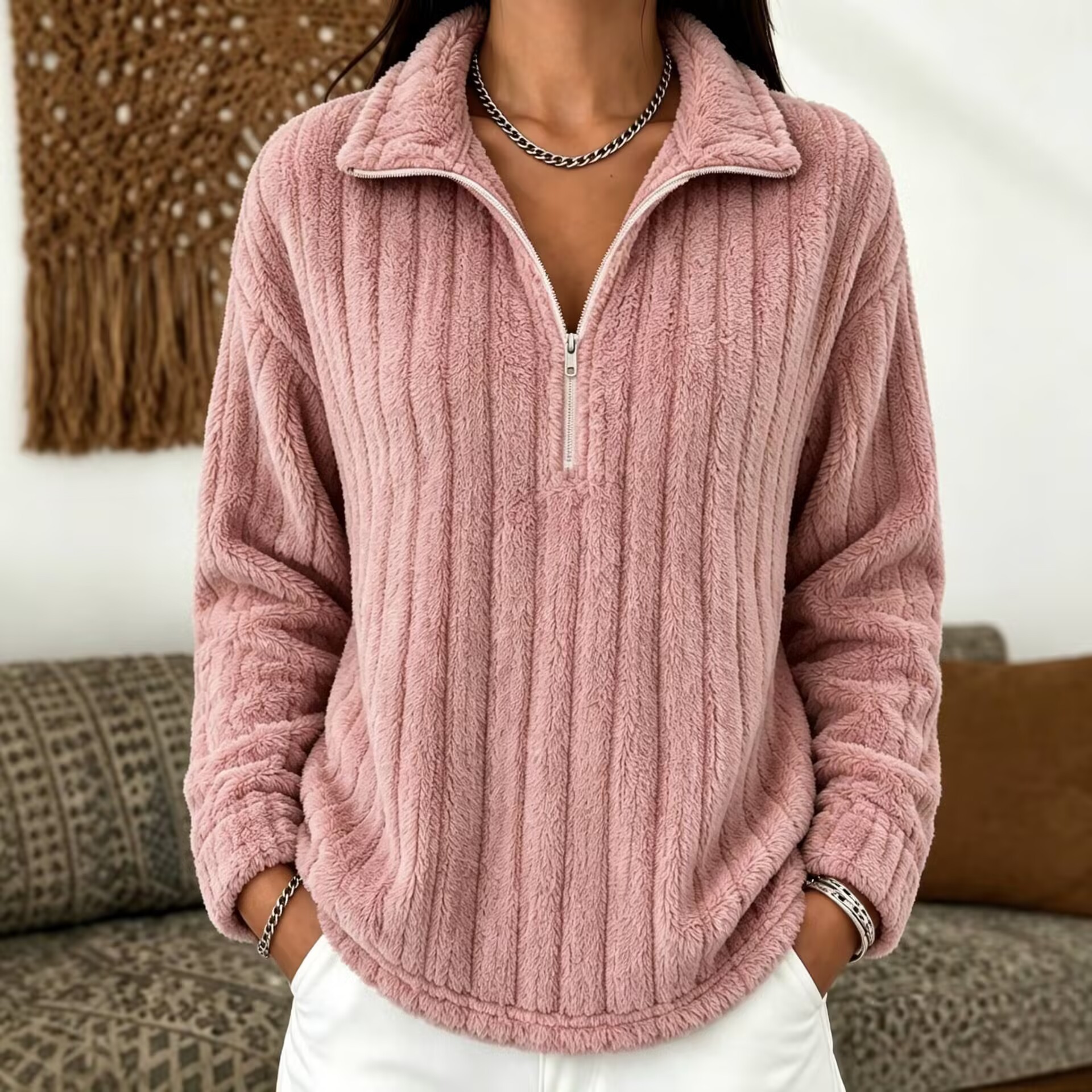 Women's Half-Zip Fleece Pullover Stand Collar Loose Fit Long Sleeve Warm Sweatshirt