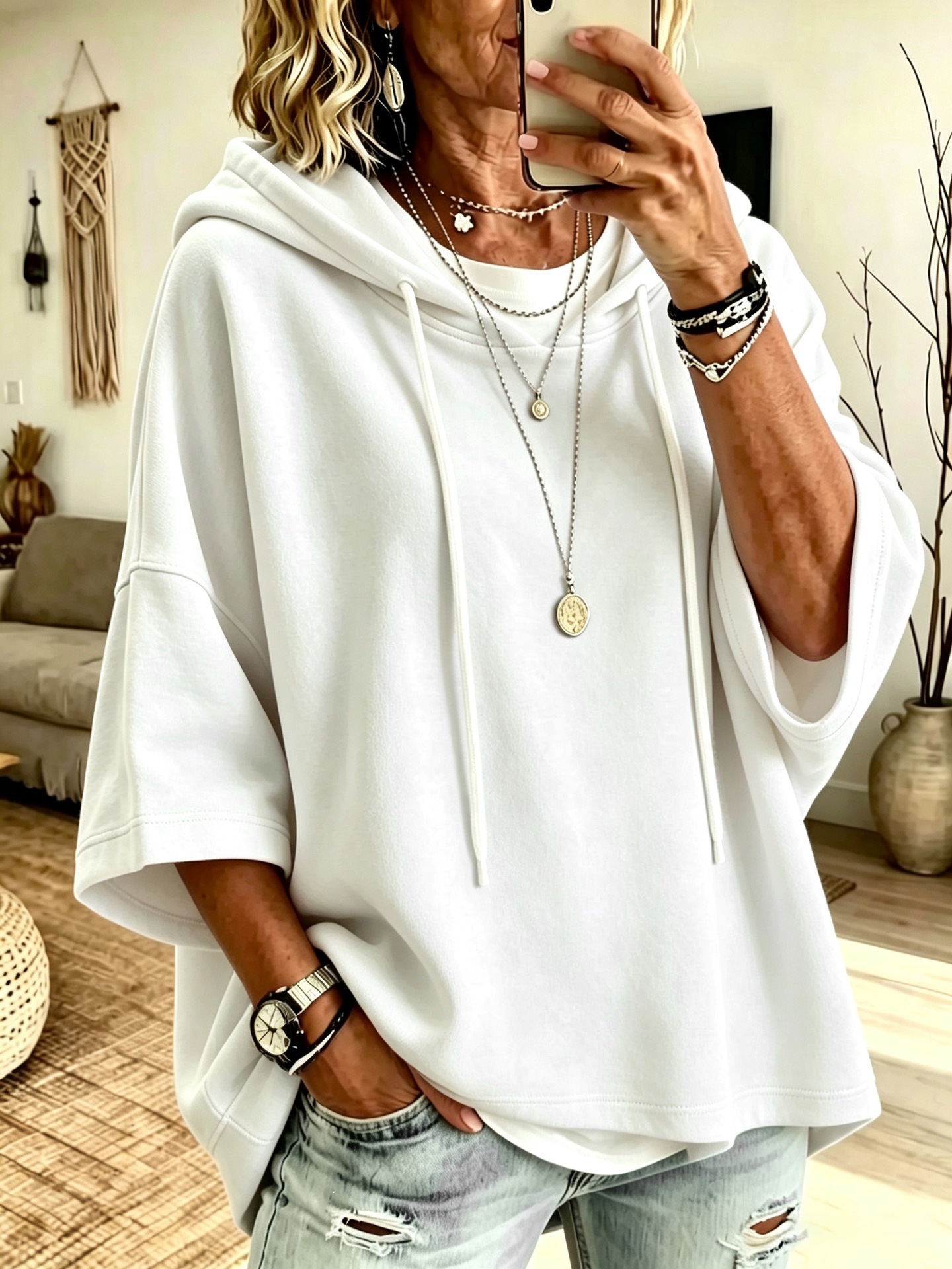 Women's 3/4 Sleeve Solid Color Casual Hooded Sweatshirt