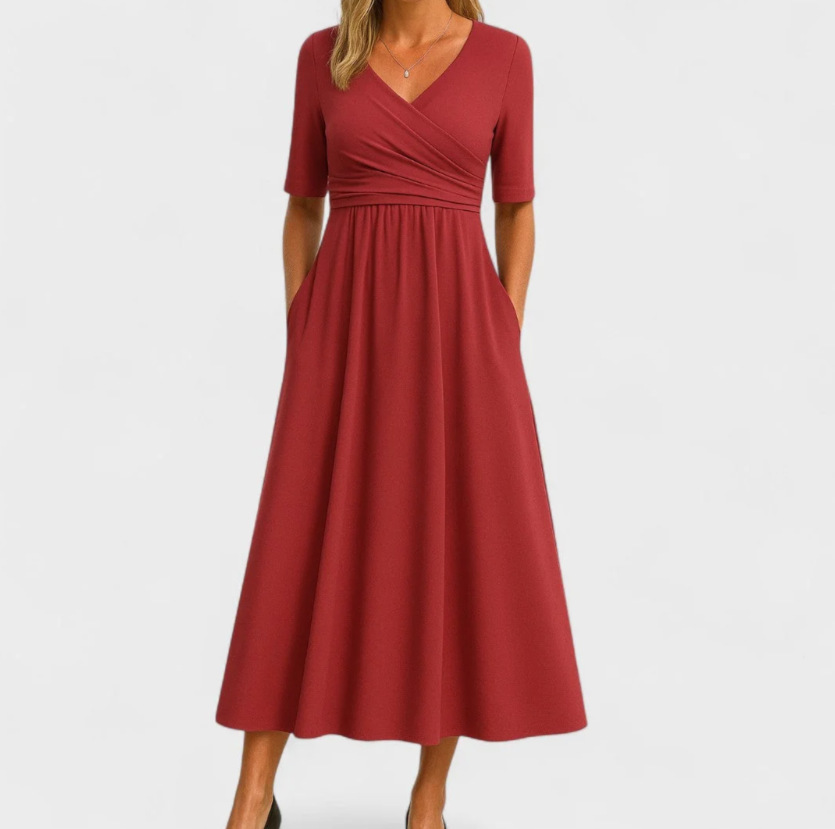 Women's Elegant Solid V-Neck Midi Sleeve Maxi Dress