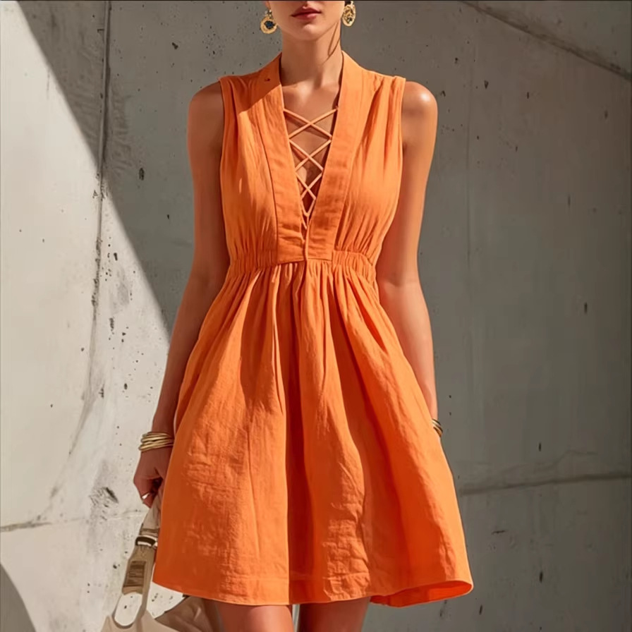 Women's Sleeveless V-Neck Solid A-Line Dress Casual Cotton-Blend