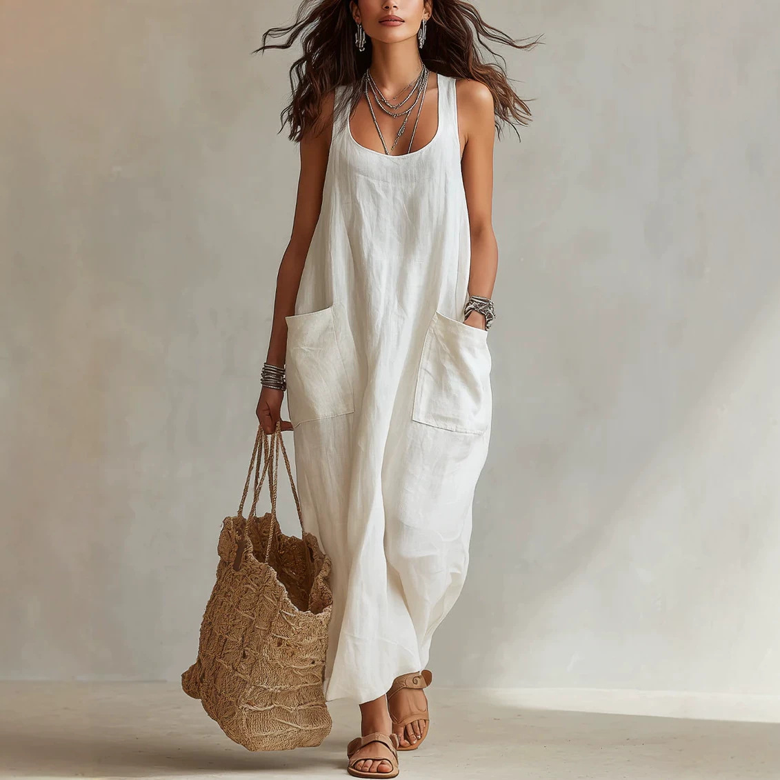 Women's Sleeveless Maxi Dress with Pockets Casual Solid Color