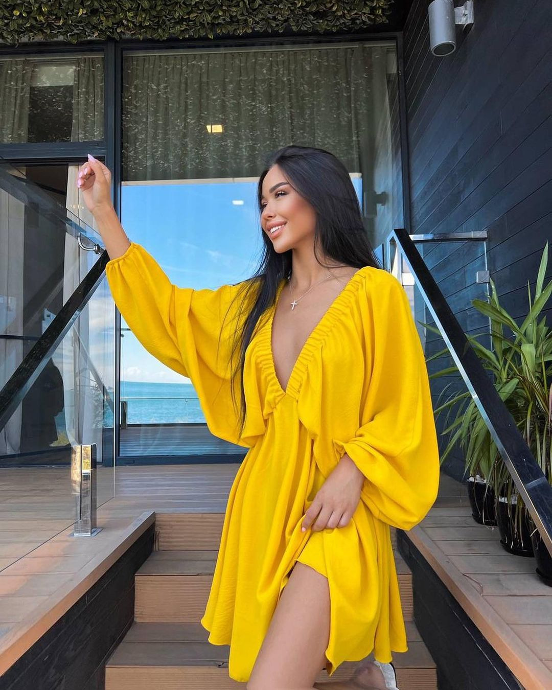 V-Neck Long Sleeve Bubble Sleeve Flared Dress