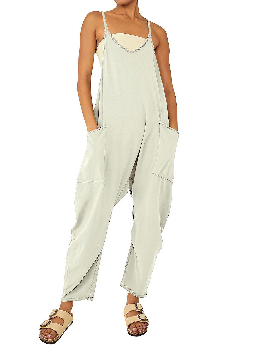 Women's Sleeveless Zip Pocket Jumpsuit with Spaghetti Straps
