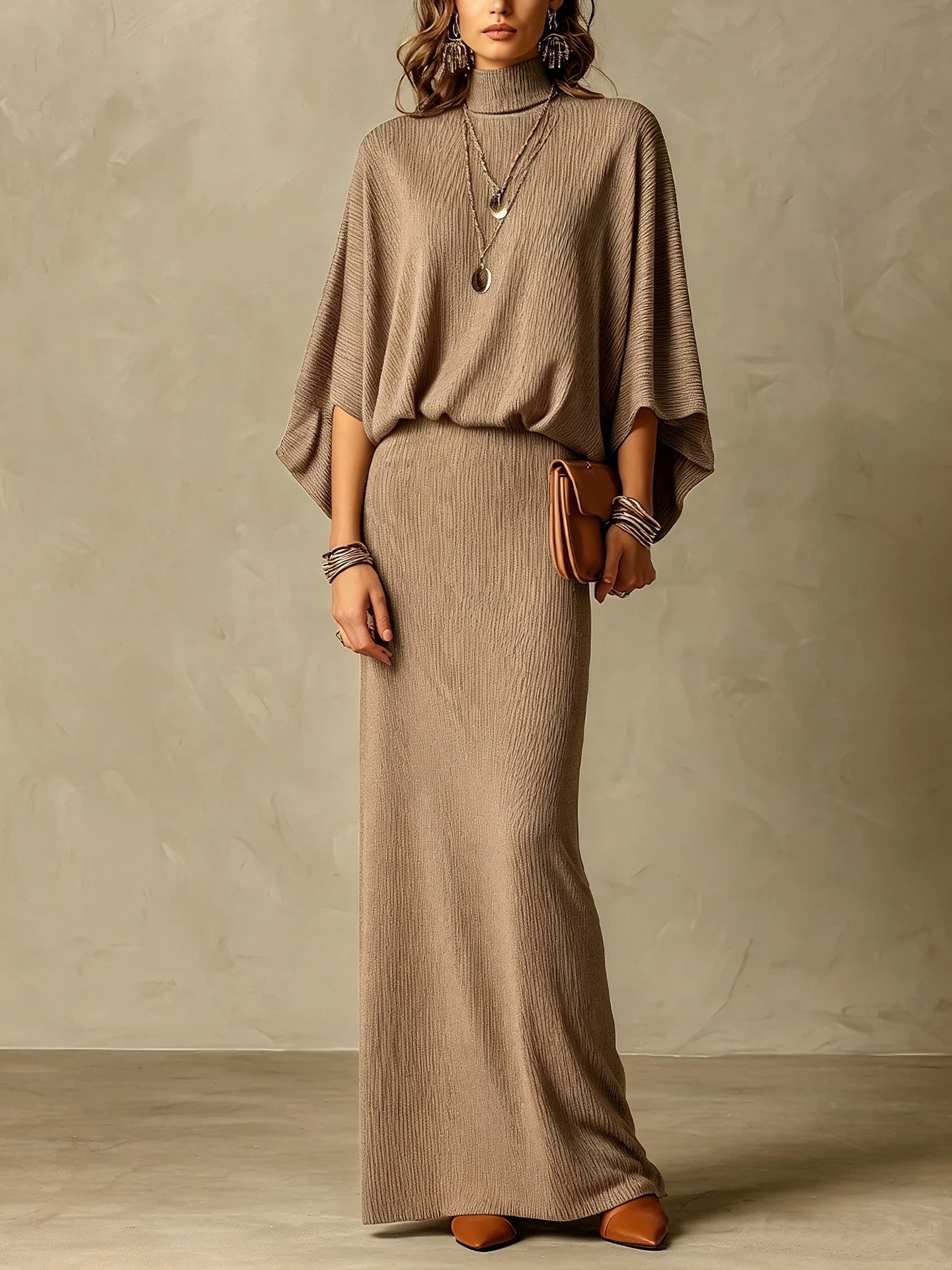 Solid Ribbed Batwing Sleeve Two-Piece Skirt Set