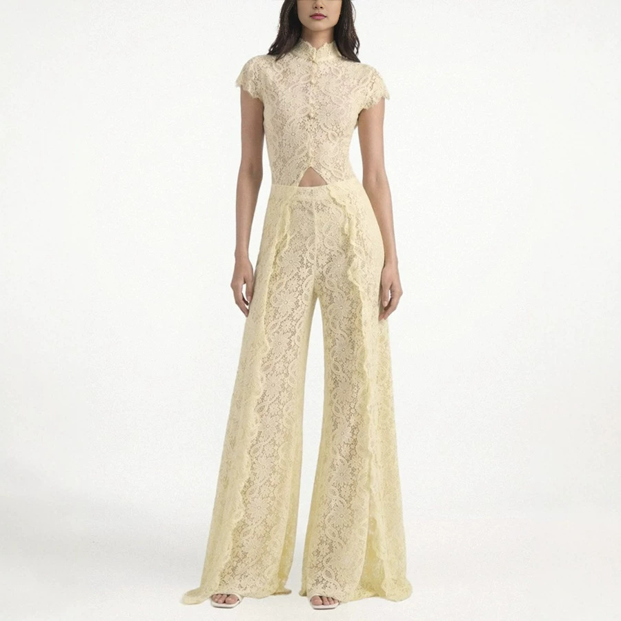 Lace Solid Color Dress Set with Cutout Round Neck and Front Slit
