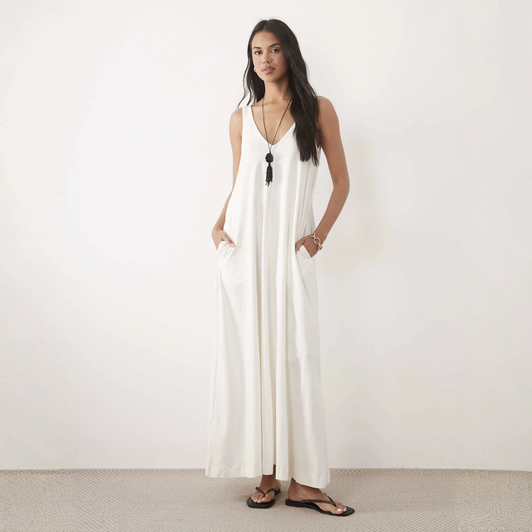 Solid V-Neck Sleeveless Maxi Dress Loose Flowy A-Line