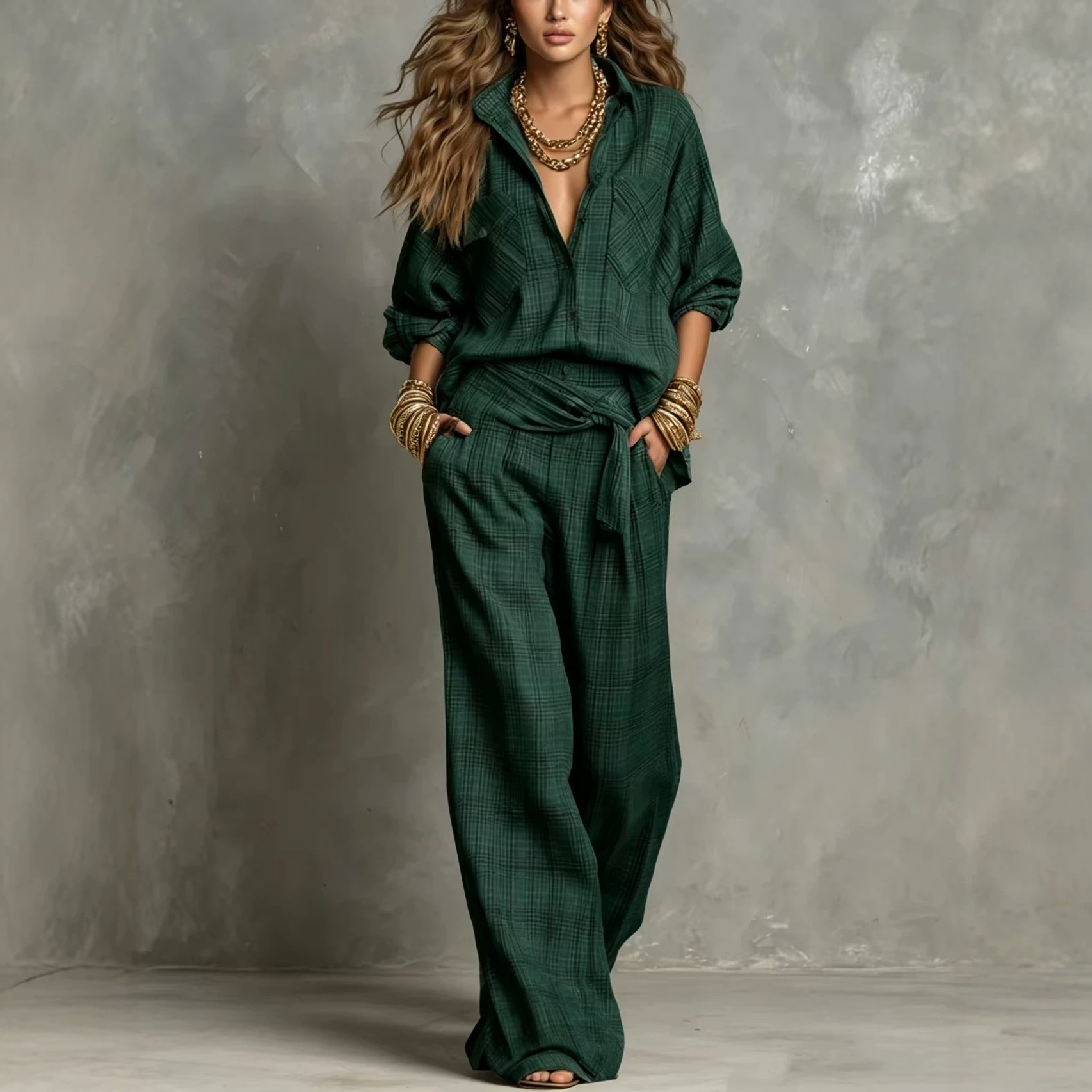 Plaid Print Loose Collared Long Sleeve Shirt and Wide Leg Pants Set