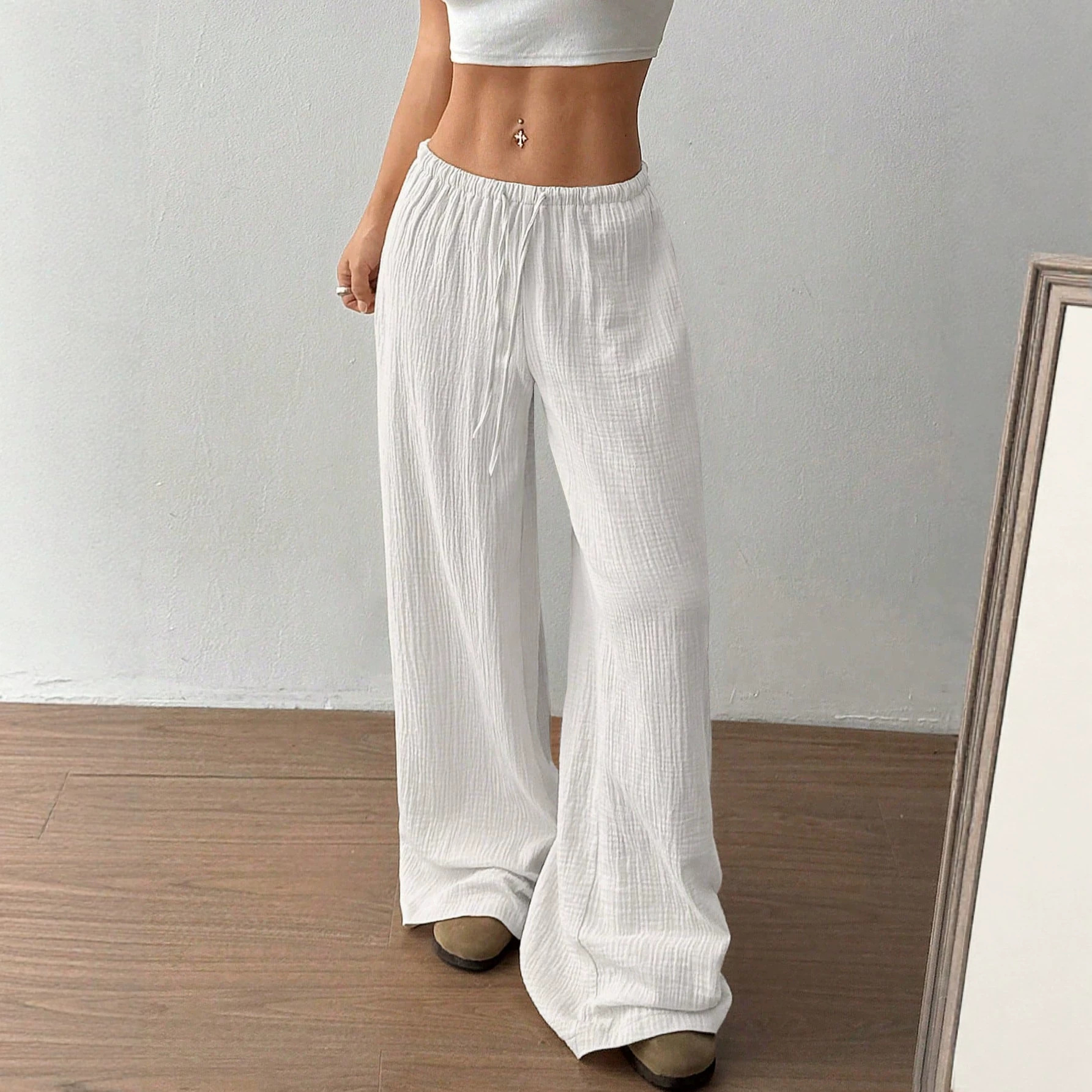 Women's Pure Cotton Solid Color Wide-Leg Floor-Length Pants