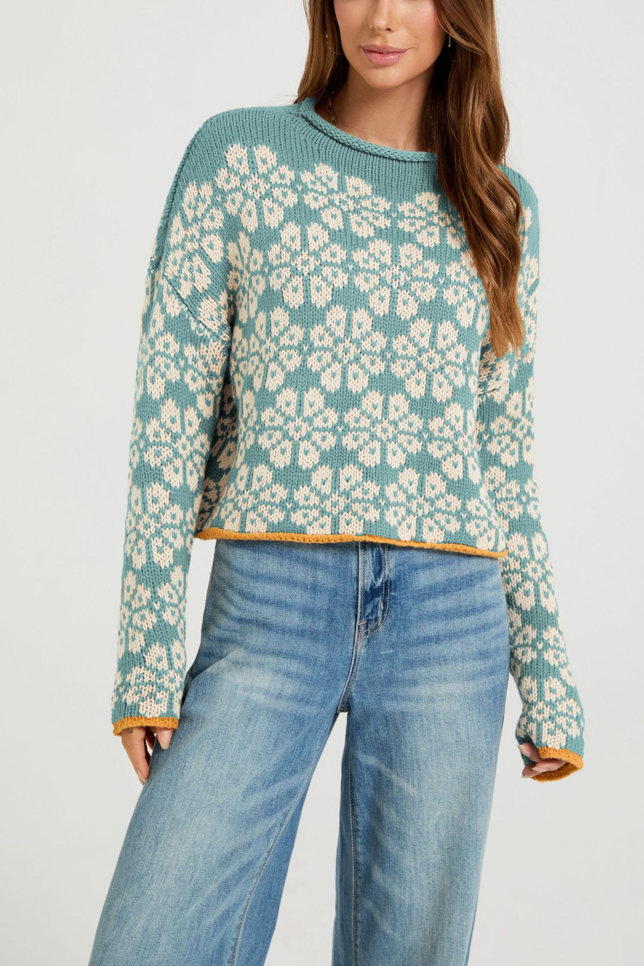 Women's Color-Block Jacquard Crewneck Sweater Loose Knit Pullover