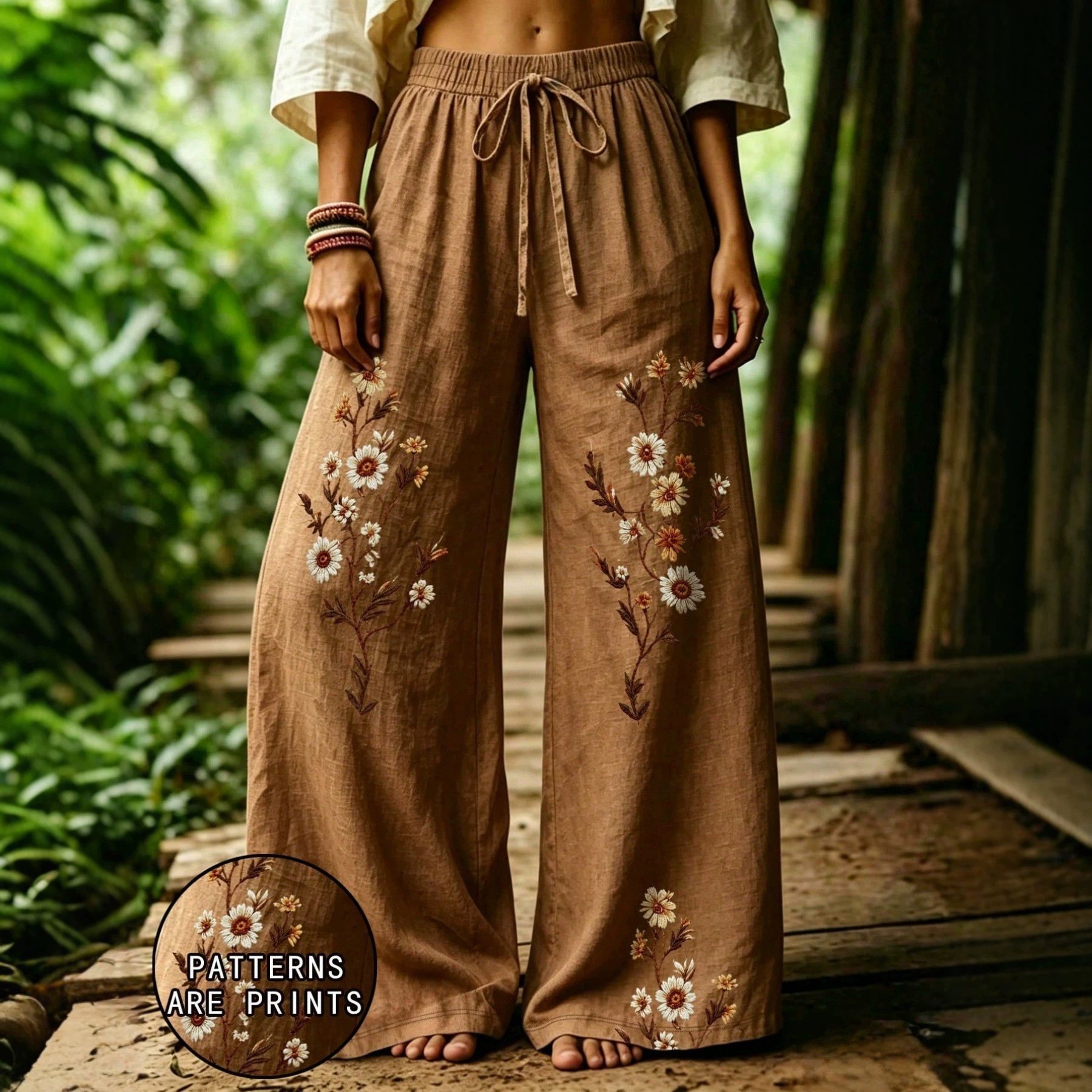 Bohemian Floral Print Wide-Leg Pants with Elastic Waist