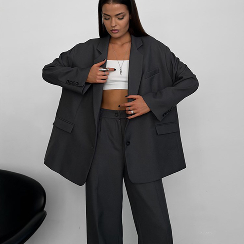 Women's Casual Two-Piece Suit Set Solid Color Loose Cardigan Blazer and Button Pants