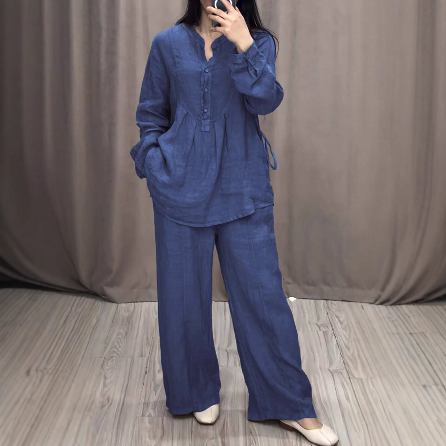Cotton-Linen Long-Sleeve Half-Placket Pleated Wide-Leg Pants Set