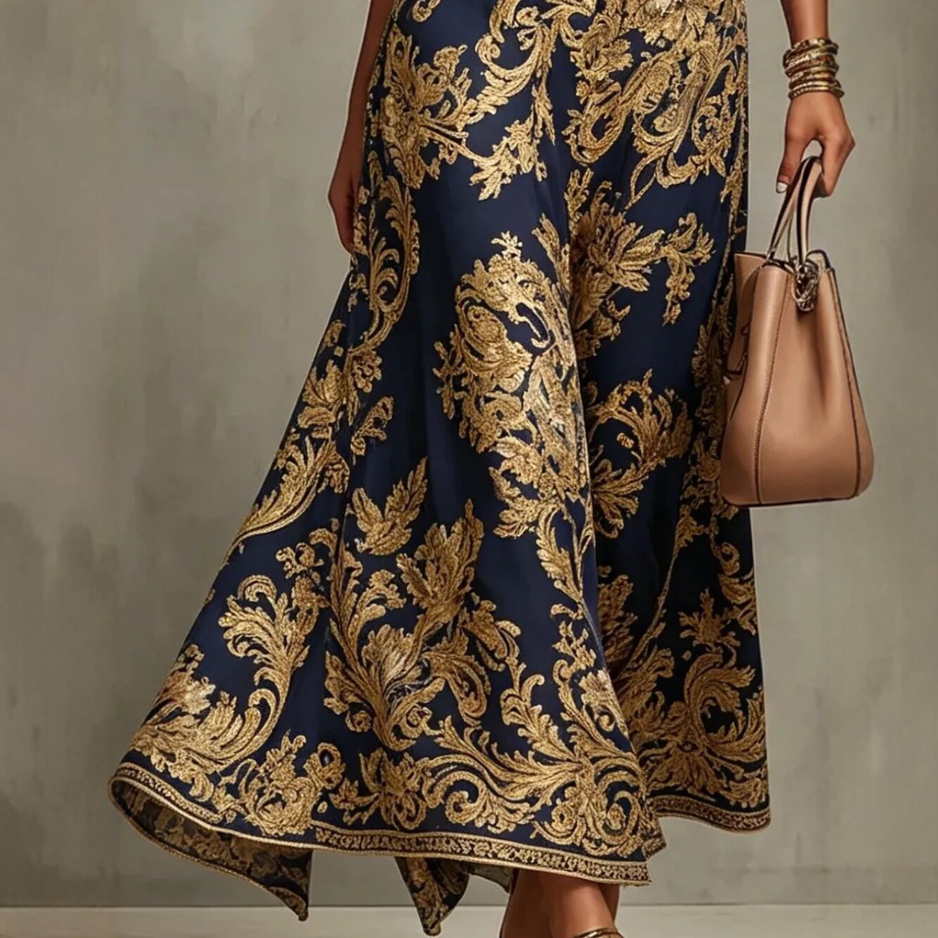 Vintage Gold Embroidered Long Slim Evening Dress