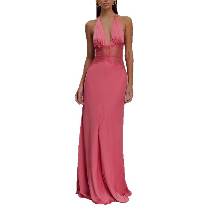 Elegant Deep V Satin Halter Maxi Dress with Waist-Cinching