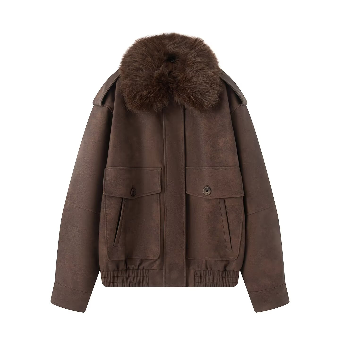 Women's Vintage Faux Suede Jacket Oversized Lapel Zip-Up