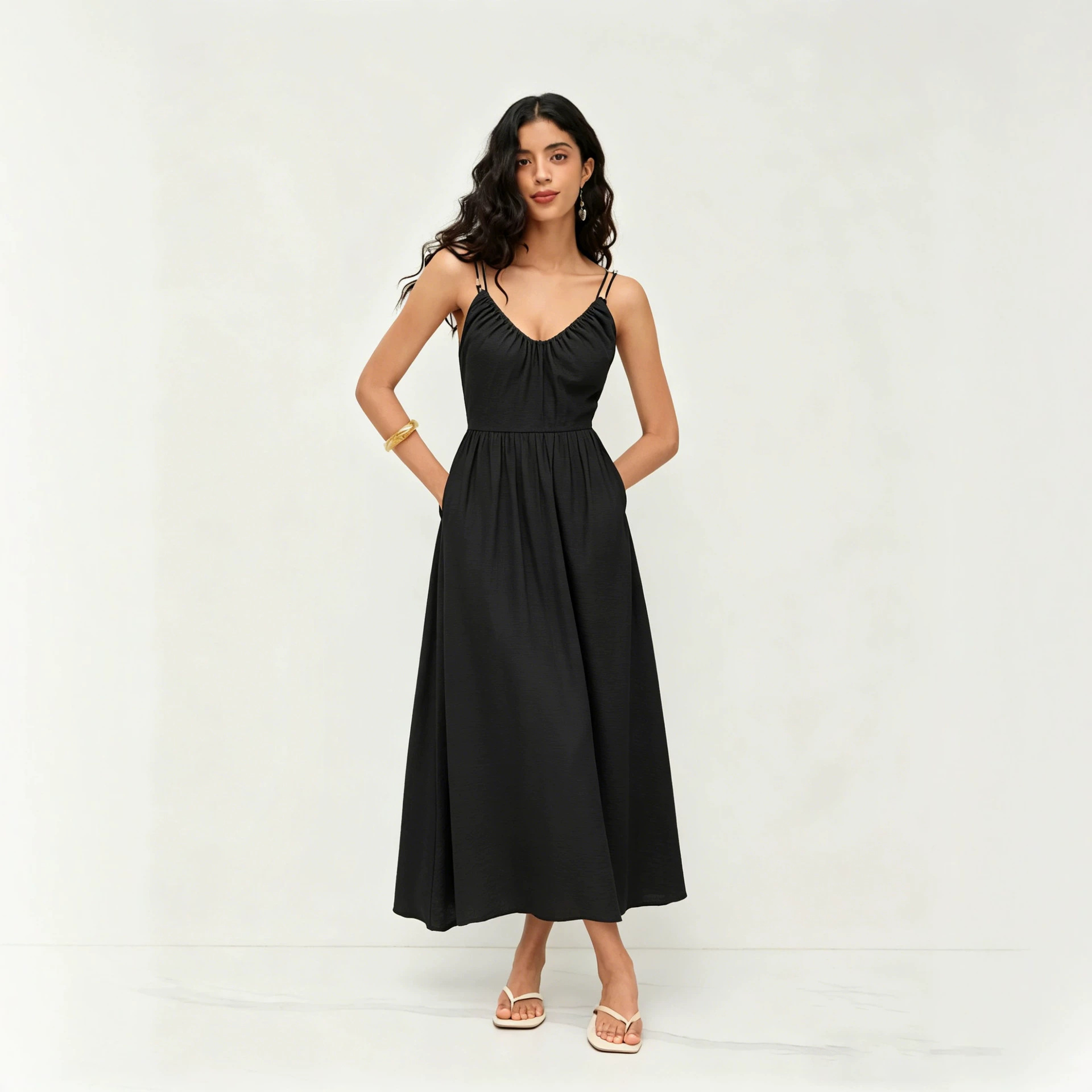 Women's Open Back V-Neck Maxi Dress Sleeveless High Waist Flowy Summer Casual