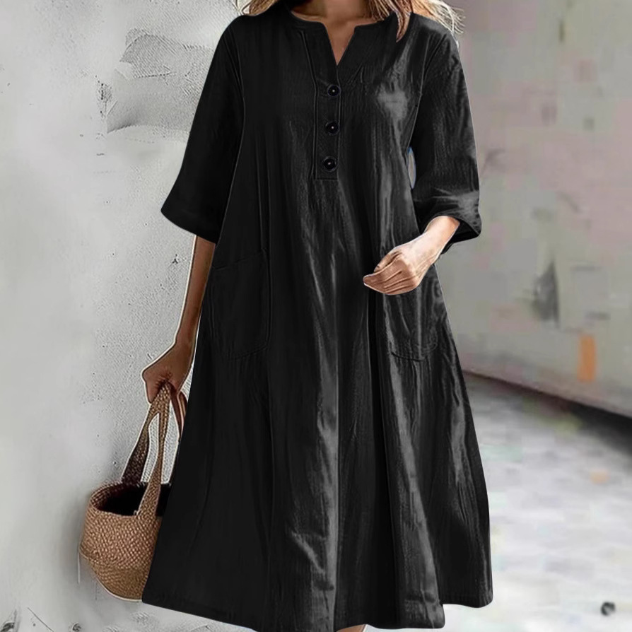 Women's Midi V-Neck Half-Sleeve Cotton-Linen Loose A-Line Dress with Three-Button Pocket