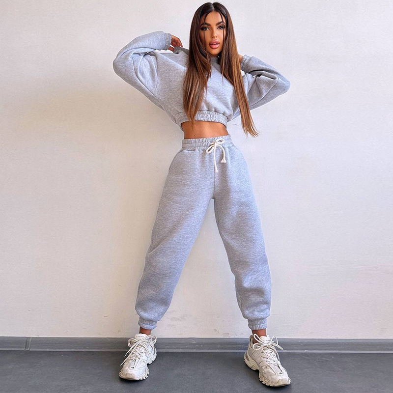Women's Long Sleeve Hooded Crop Hoodie and Lace-Up Sweatpants Set
