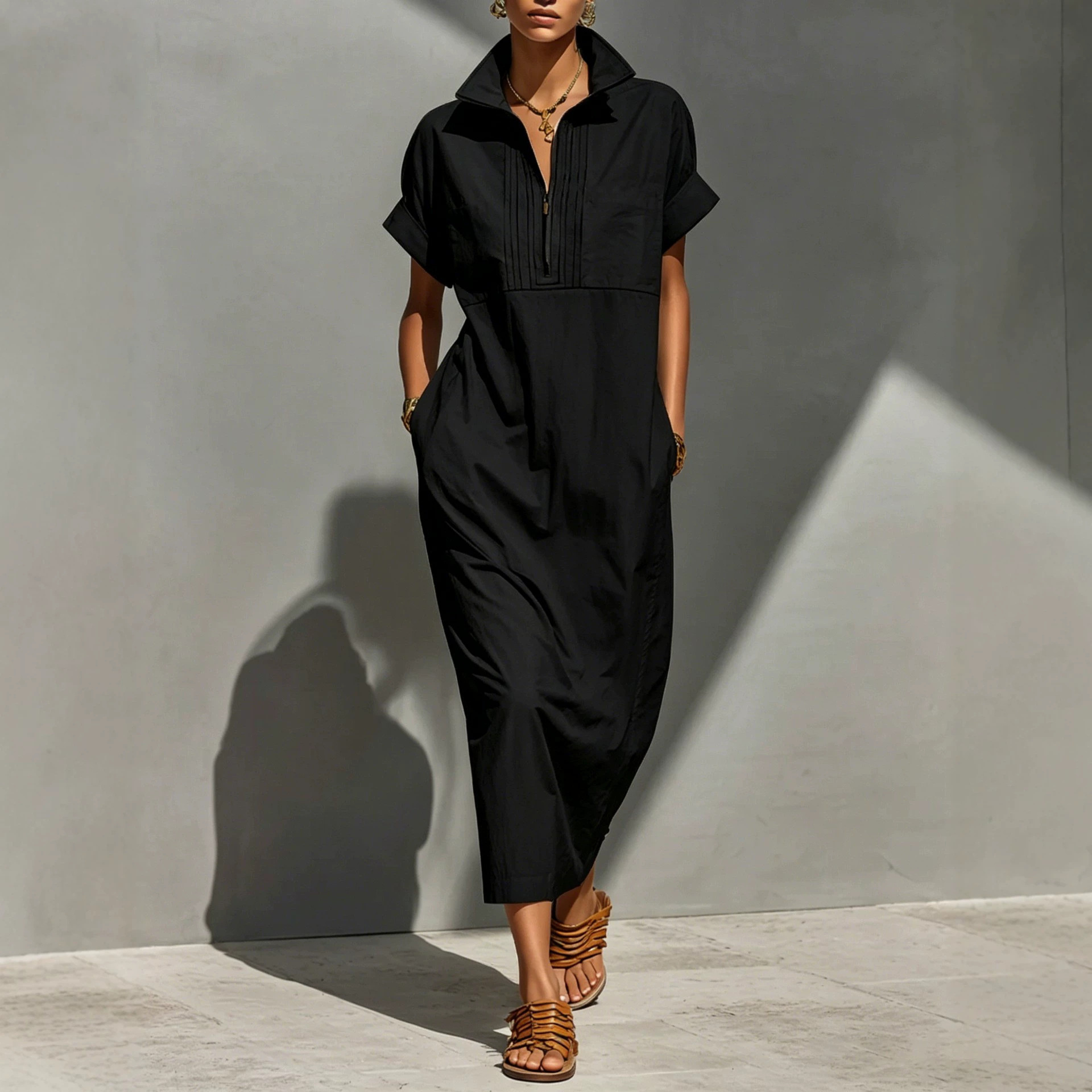 Women's Shirt-Style Jumpsuit with Stand Collar, Half Placket, Pockets, Loose Fit, Midi Length