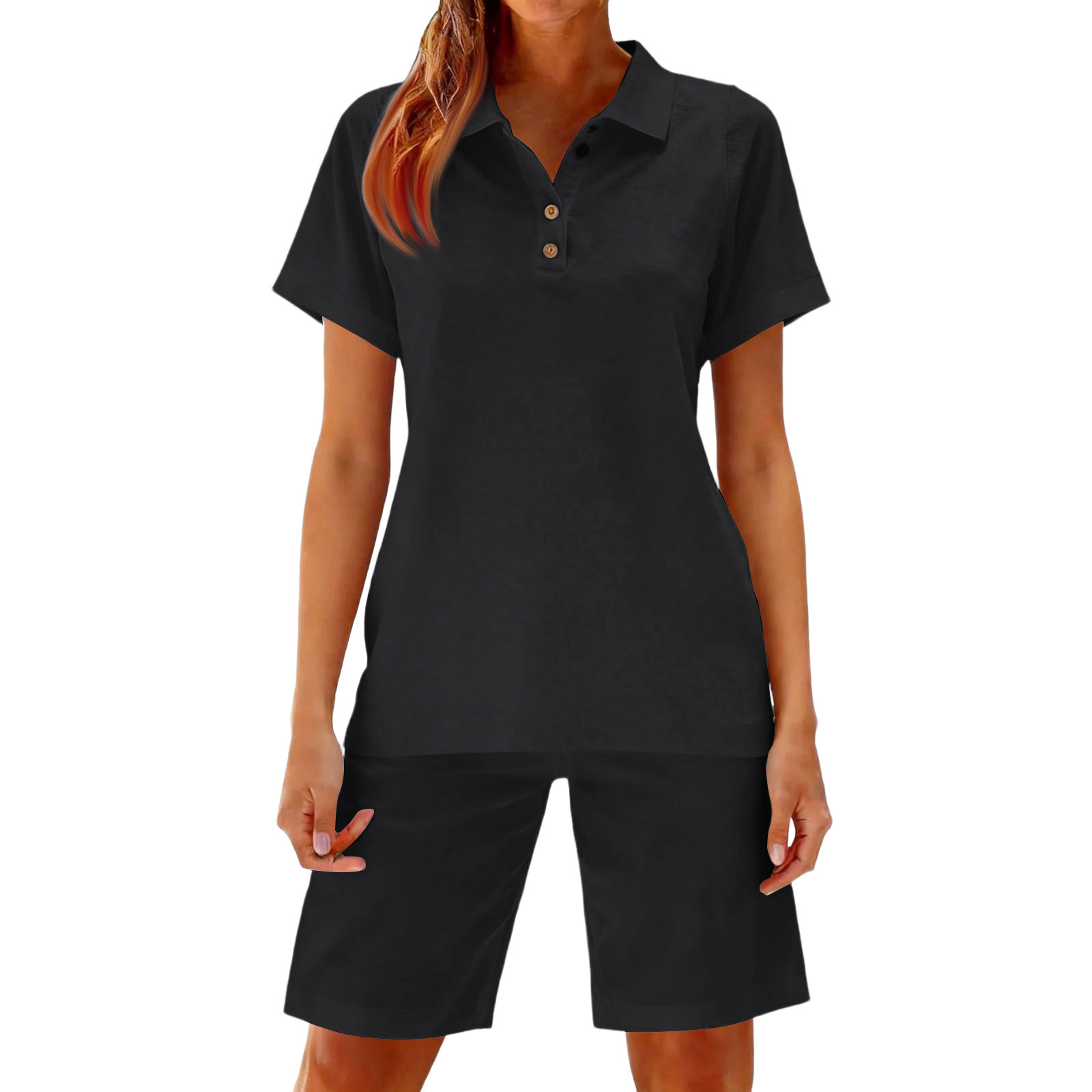Women's Collared Short Sleeve Top and Shorts Two-Piece Set