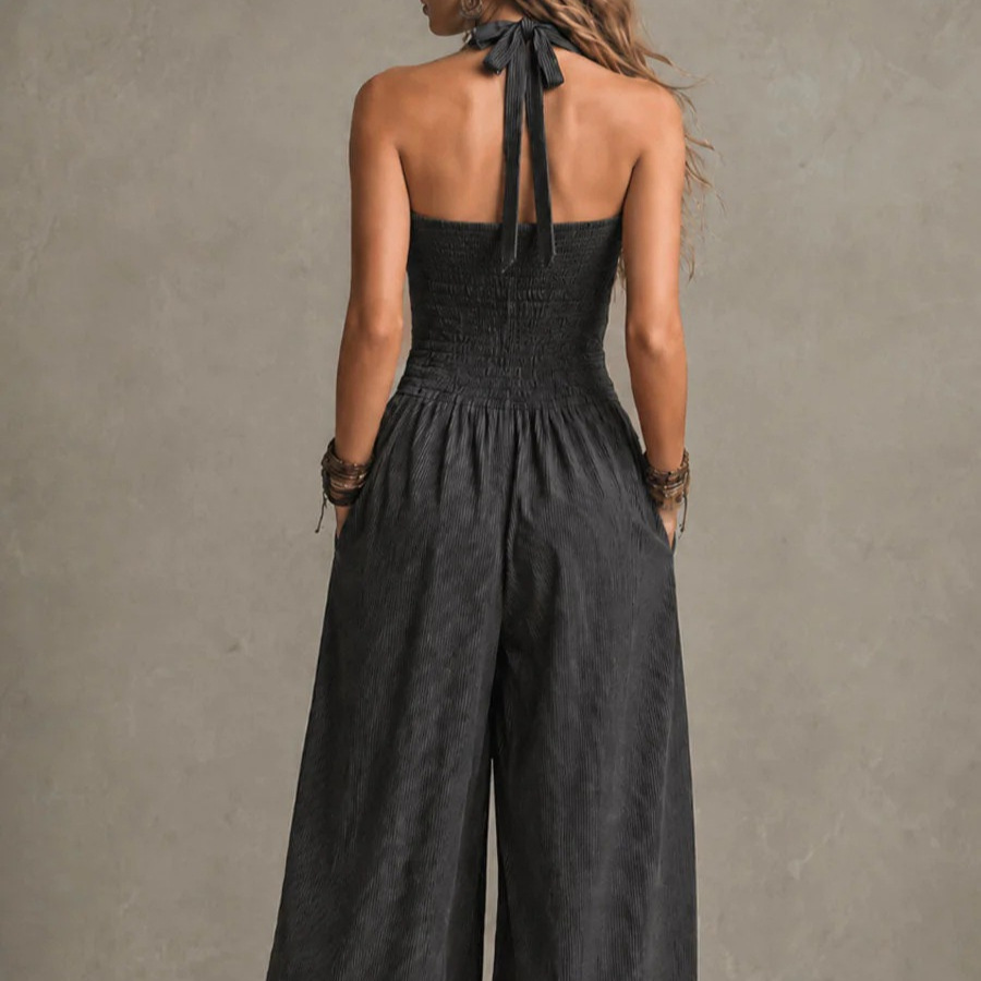 Dark Gray Pinstripe Cross Halter Wide-Leg Jumpsuit with Belt and Pockets