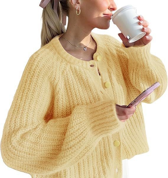 Women's Solid Color Knit Cardigan Crew Neck Long Sleeve Sweater