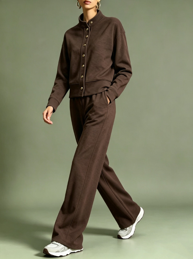 Women's Solid Color Stand Collar Cardigan Hoodie & Wide-Leg Pants Set