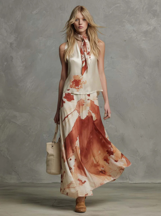 Floral Sleeveless Satin Top & Midi Skirt Set
