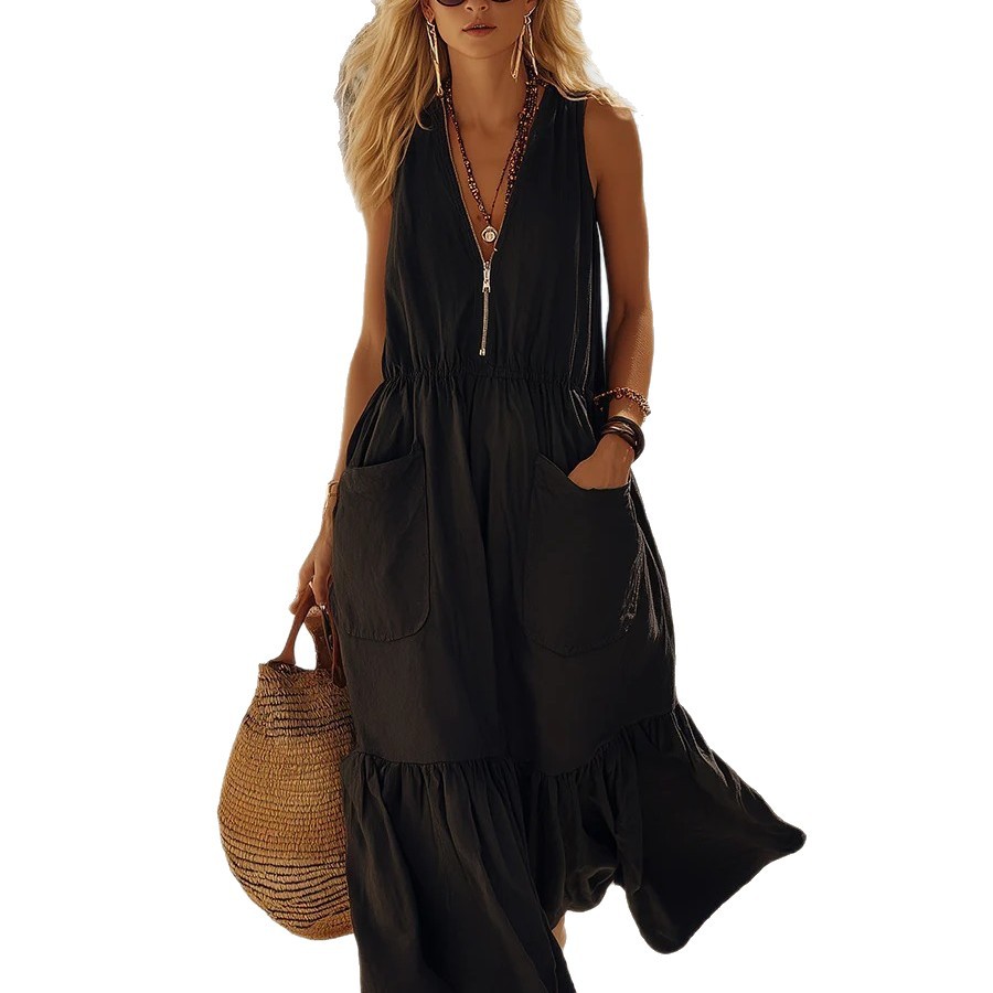 Sleeveless V-Neck A-Line Maxi Dress with Pockets