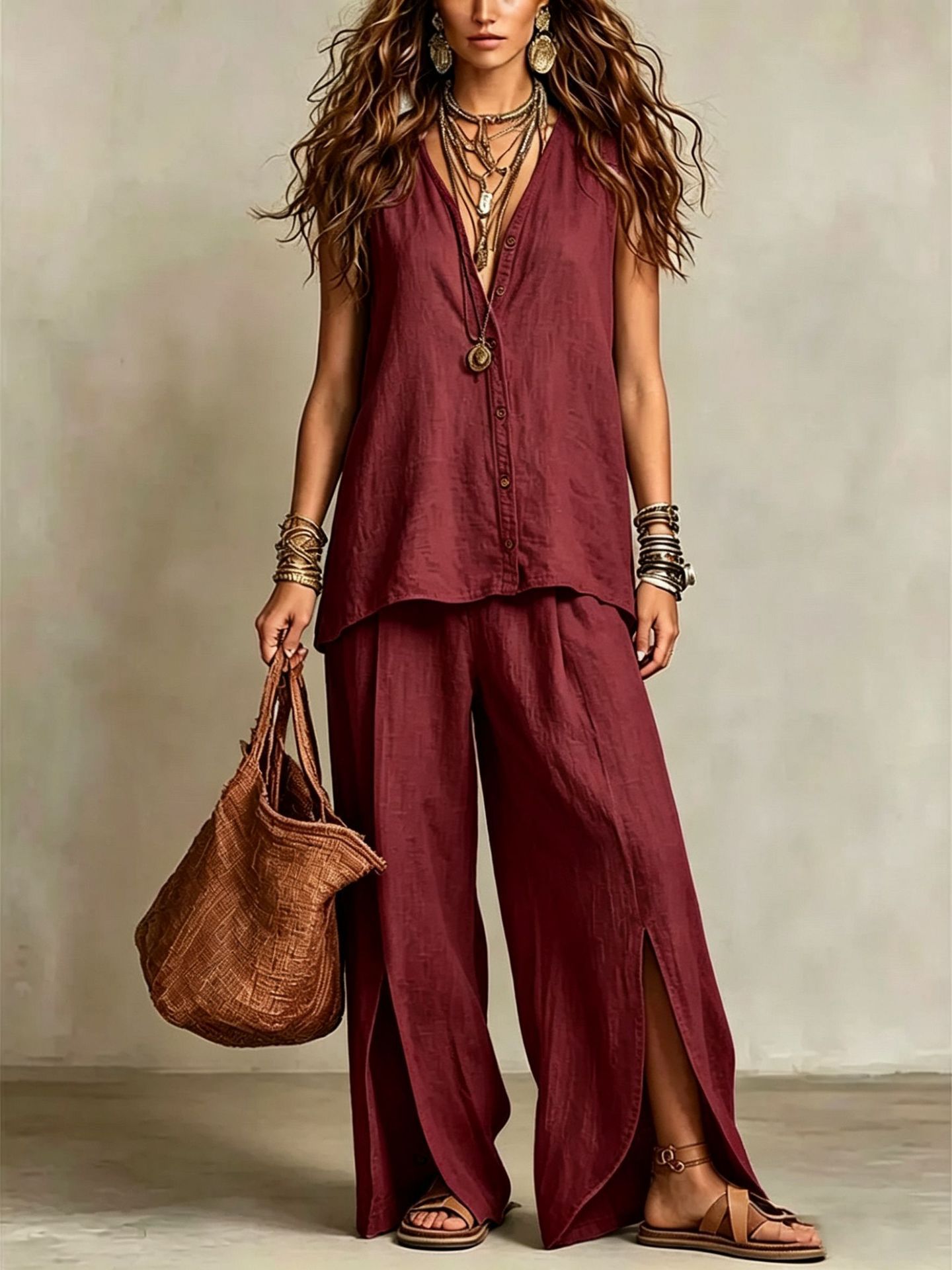 Women's Sleeveless V-Neck Button Lounge Set Casual Beach Two-Piece