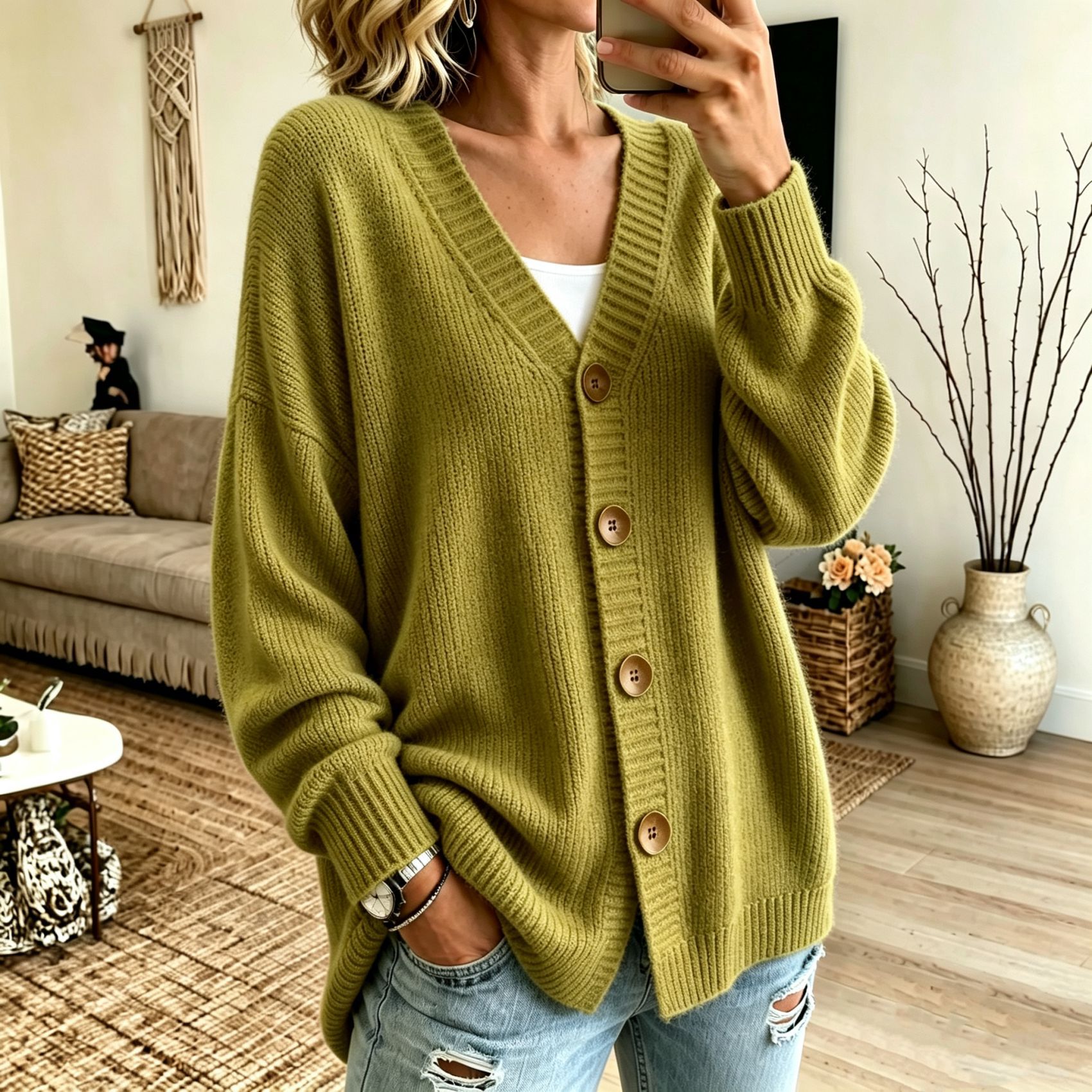 Women's Button-Front V-Neck Knit Cardigan Sweater