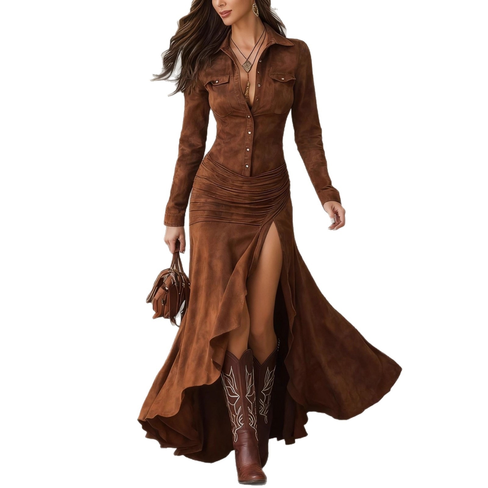 Slim Fit Zip-Up High Neck Long Split Dress