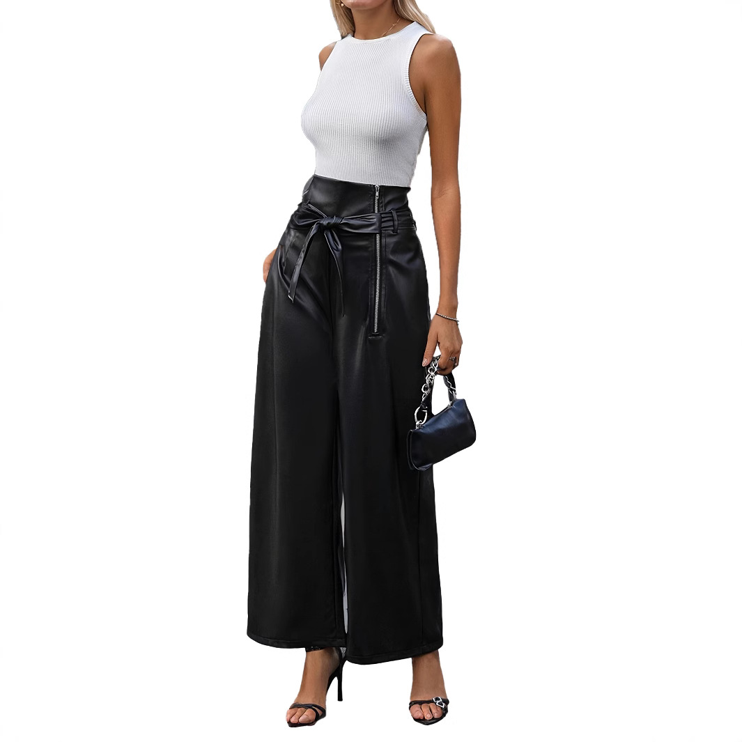 Women's High-Waist Wide-Leg PU Leather Pants with Belt and Zipper