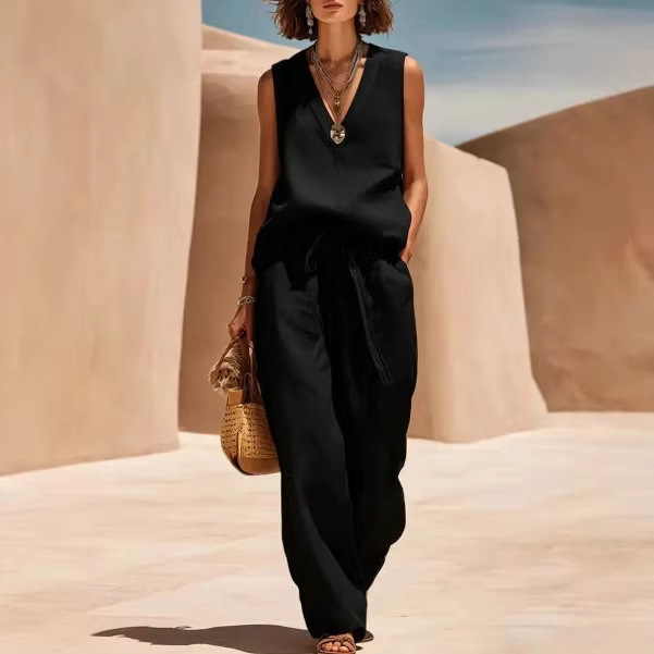Women's Sleeveless Linen-Blend Tank Top and Wide-Leg Pants Set